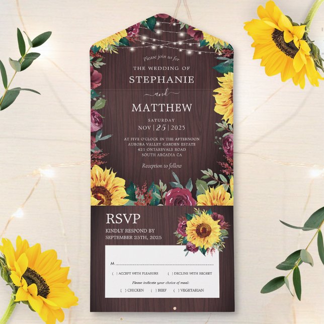 Rustic Sunflower Burgundy Roses Lights Wedding All In One Invitation (Creator Uploaded)