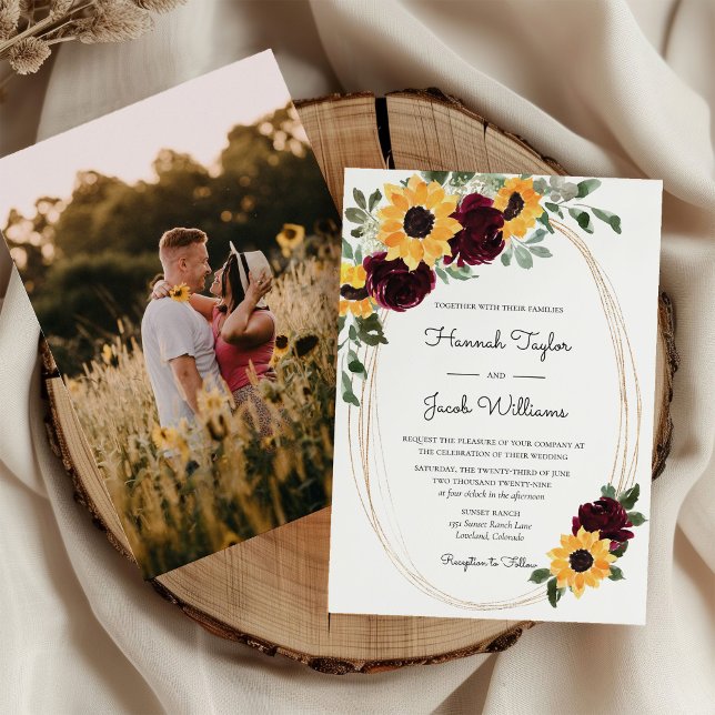 Rustic Sunflower & Burgundy Roses Photo Wedding Invitation (Creator Uploaded)