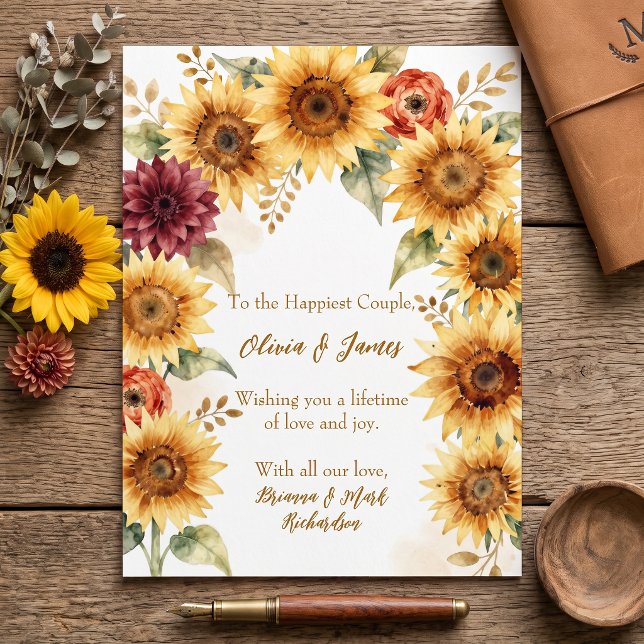 Rustic Sunflower Burgundy Wedding Congratulations Card (Creator Uploaded)