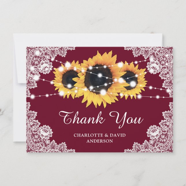 Rustic Sunflower Burgundy Wedding Thank You Card (Front)