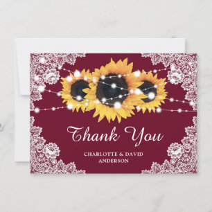 Rustic Sunflower Burgundy Wedding Thank You Card