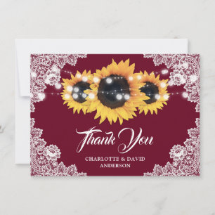 Rustic Sunflower Burgundy Wedding Thank You Card