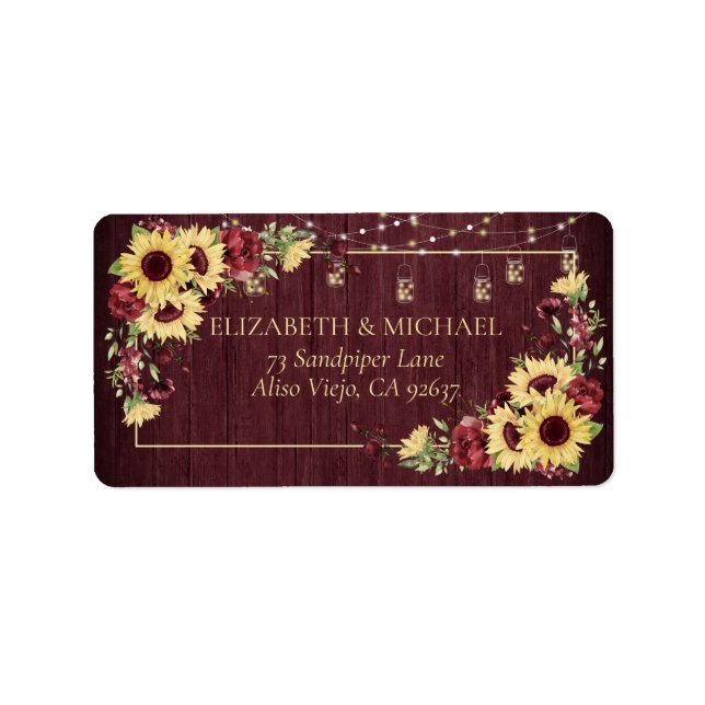Rustic Sunflower Burgundy Wood Floral Address Label (Front)