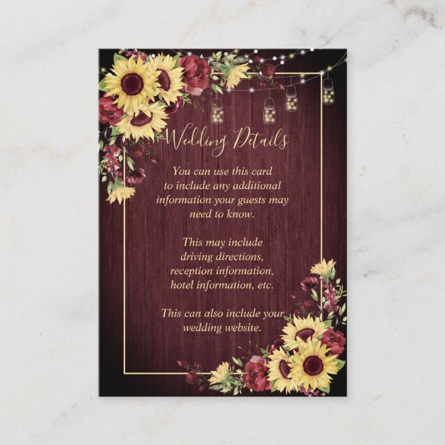 Rustic Sunflower Burgundy Wood Floral Details Enclosure Card (Front)
