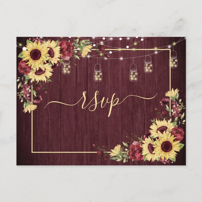 Rustic Sunflower Burgundy Wood Floral RSVP No Menu (Front)