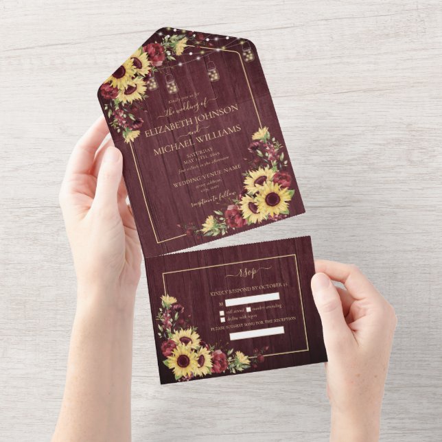 Rustic Sunflower Burgundy Wood Floral Wedding All  All In One Invitation (Tearaway)