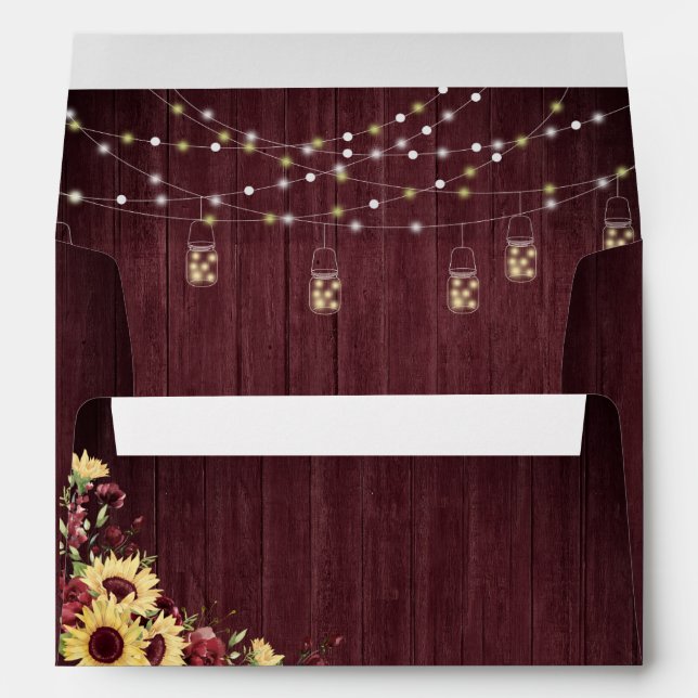 Rustic Sunflower Burgundy Wood Floral Wedding Envelope (Back (Bottom))
