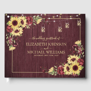 Rustic Sunflower Burgundy Wood Floral Wedding Guest Book