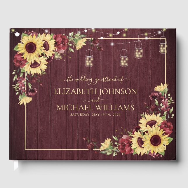 Rustic Sunflower Burgundy Wood Floral Wedding Guest Book (Front)