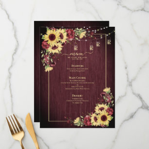 Rustic Sunflower Burgundy Wood Floral Wedding Menu