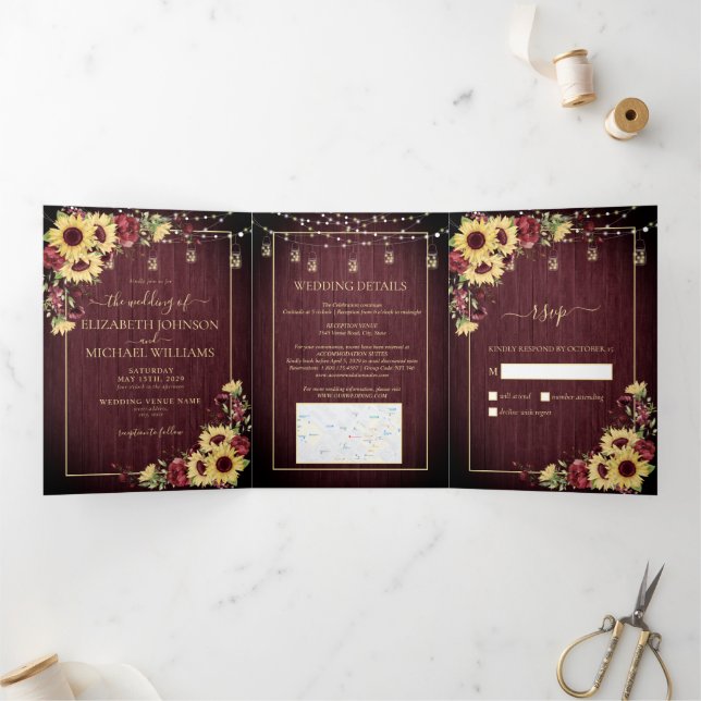 Rustic Sunflower Burgundy Wood Floral Wedding Tri-Fold Invitation (Inside)