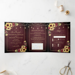 Rustic Sunflower Burgundy Wood Floral Wedding Tri-Fold Invitation