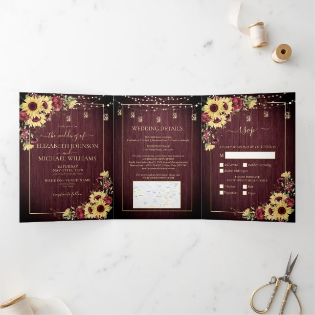 Rustic Sunflower Burgundy Wood Floral Wedding Tri-Fold Invitation (Inside)