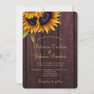 Rustic sunflower burgundy wood wedding invitation