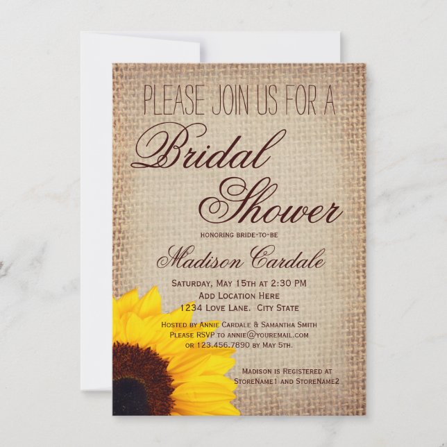 Rustic Sunflower Burlap Bridal Shower Invitations (Front)