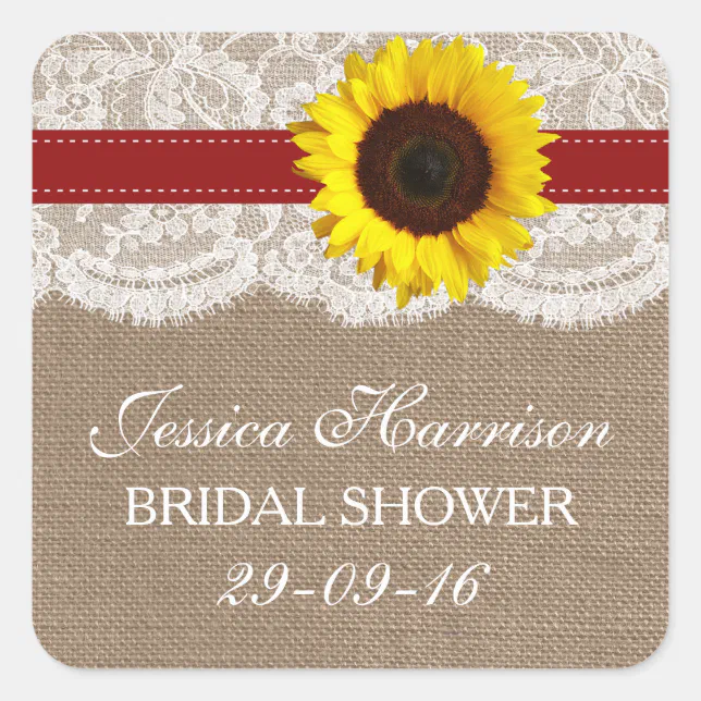 Rustic Sunflower, Burlap & Lace Bridal Shower Square Sticker | Zazzle