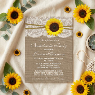 Rustic Sunflower Burlap, Lace & Twine Bachelorette Invitation