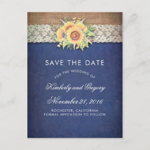 Rustic Sunflower Burlap Navy Save the Date Announcement Postcard