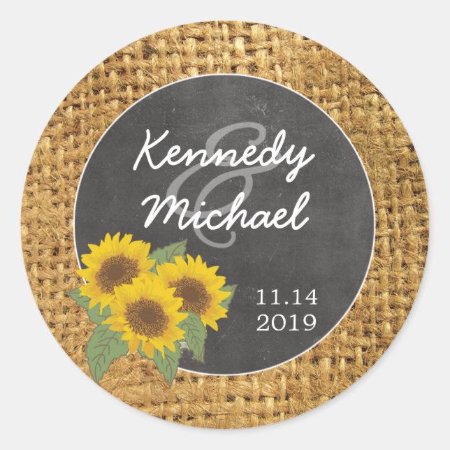 Rustic Sunflower Burlap wedding envelope seals (Front)