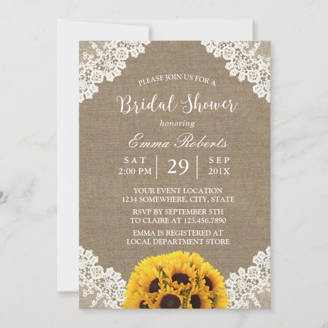 Rustic Sunflower Burlap White Lace Bridal Shower Invitation (Front)
