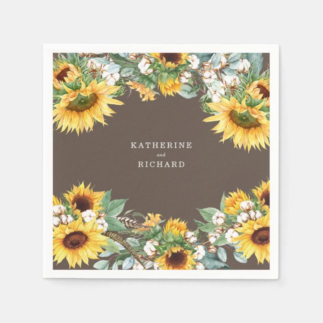 Rustic Sunflower Burst Custom Couple Names Napkin (Front)