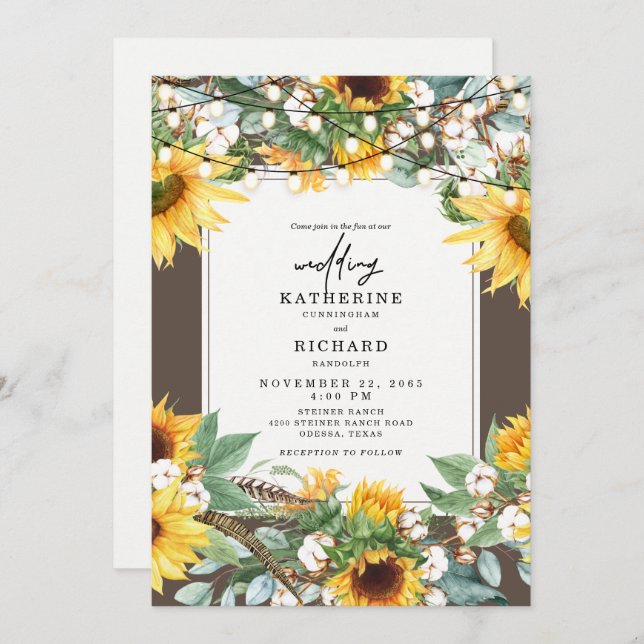 Rustic Sunflower Burst String Lights Invitation (Front/Back)