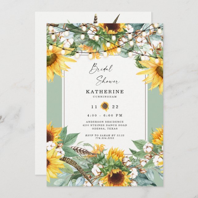 Rustic Sunflower Burst String Lights Sage Bridal  Invitation (Front/Back)