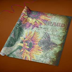 Rustic Sunflower Butterfly Bold Ephemera Wrapping Paper