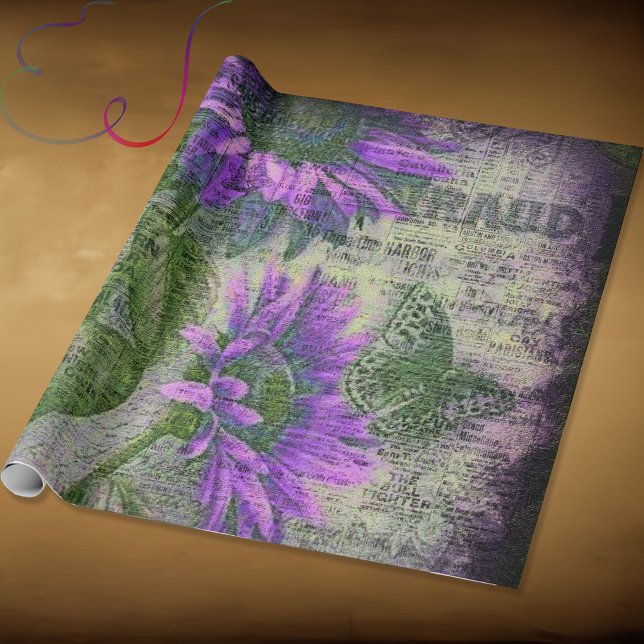 Rustic Sunflower Butterfly Plum Ephemeral Wrapping Paper (Creator Uploaded)