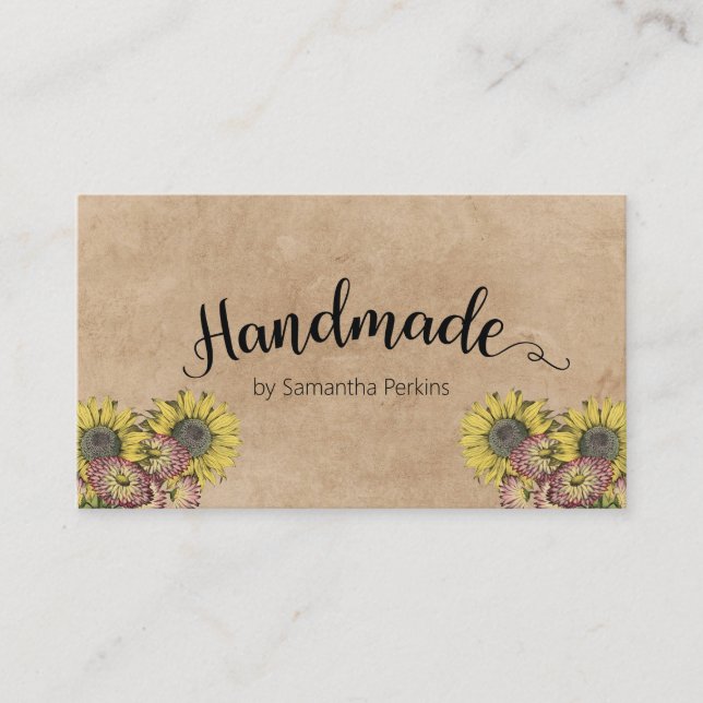 Rustic Sunflower Calligraphy Handmade Kraft Paper Business Card (Front)