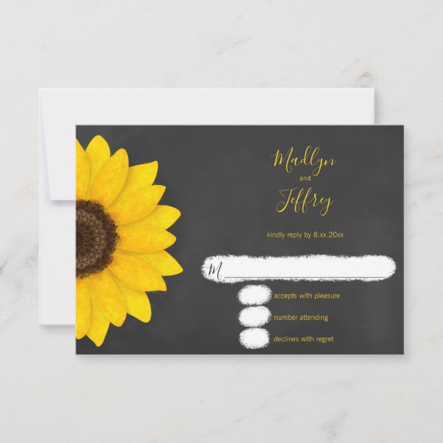 rustic sunflower chalkboard country wedding RSVP card (Front)