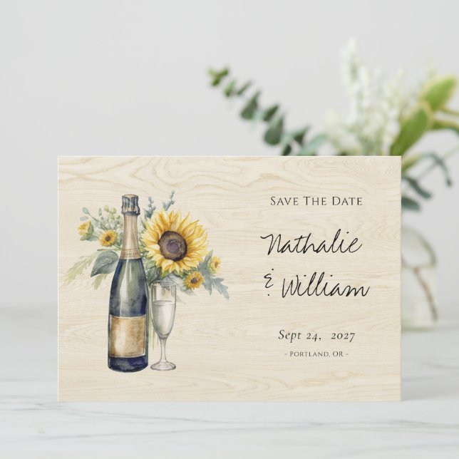 Rustic Sunflower Champagne Save the Date Card (Standing Front)