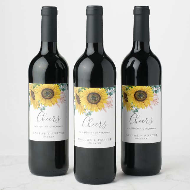 Rustic Sunflower Cheers Wedding Wine Labels (Bottles)