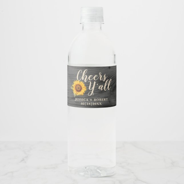 Rustic Sunflower “Cheers Y’all” Water Bottle Label (Front)