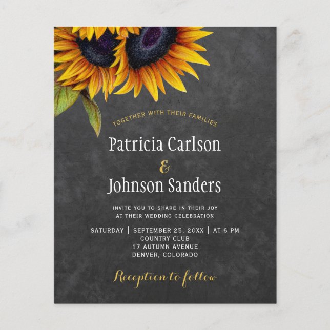 Rustic sunflower chic budget wedding invitation (Front)