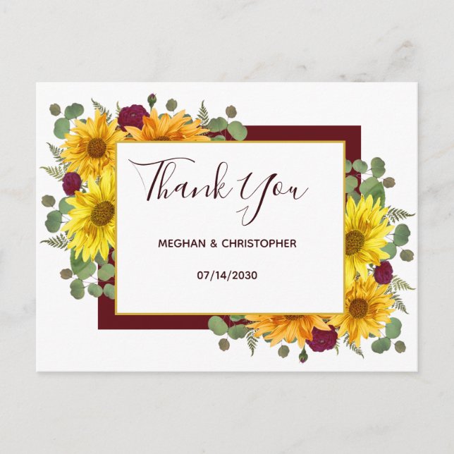 Rustic Sunflower Chic Red Roses Wedding Thank You Postcard (Front)
