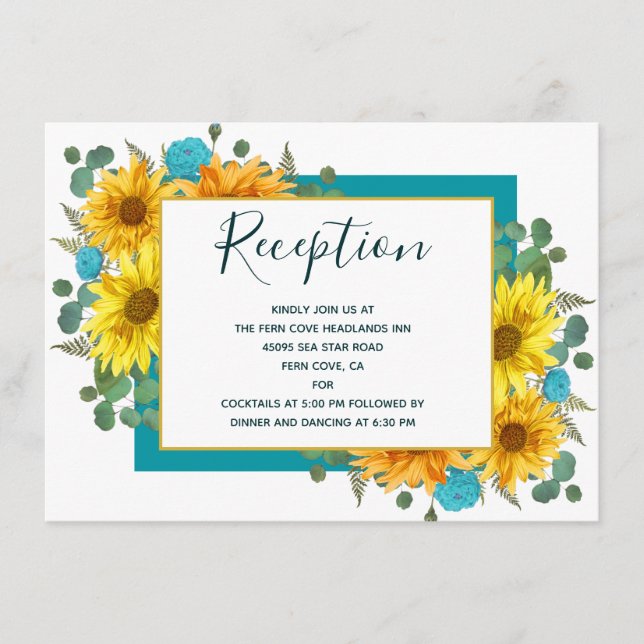 Rustic Sunflower Chic Teal Roses Wedding Reception Enclosure Card (Front)
