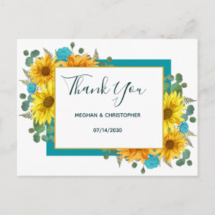 Rustic Sunflower Chic Teal Roses Wedding Thank You Postcard