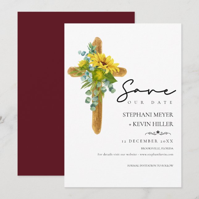 Rustic Sunflower Christian Cross Burgundy Wedding Save The Date (Front/Back)