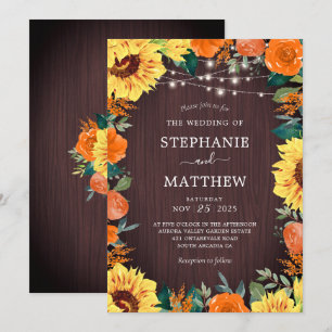 Rustic Sunflower Coral Floral Lights Wedding Invitation