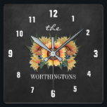Rustic Sunflower Country Chalkboard Family Name Square Wall Clock<br><div class="desc">Rustic Sunflower Country Chalkboard Family Name Clock - features a printed chalkboard background with vibrant sunflowers.  Match the collection found below.</div>
