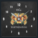 Rustic Sunflower Country Chalkboard Family Name Square Wall Clock<br><div class="desc">Rustic Sunflower Country Chalkboard Family Name Clock - features a printed chalkboard background with vibrant sunflowers.  Match the collection found below.</div>