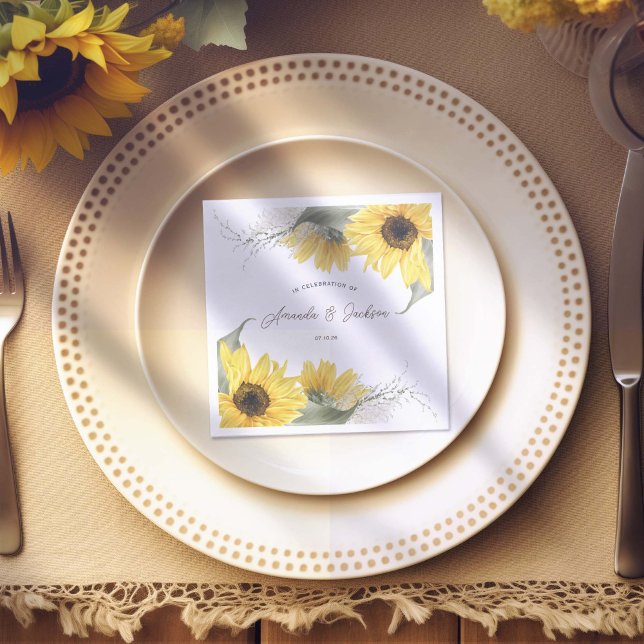rustic sunflower, country fall wedding  napkin (Rustic Sunflower Themed, Wedding paper napkin. Personalized with Bride & groom's names)