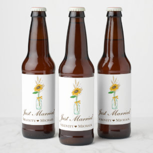 Rustic Sunflower Country Floral Just Married Beer Bottle Label