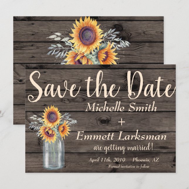 Rustic Sunflower CountryVintage Wood Save the Date Invitation (Front/Back)