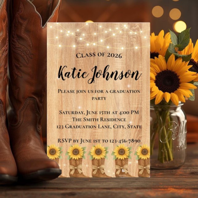 Rustic Sunflower Cowboy Boots Graduation Party Invitation (Celebrate your grad with this rustic sunflower and cowboy boot country bohemian invitation.)