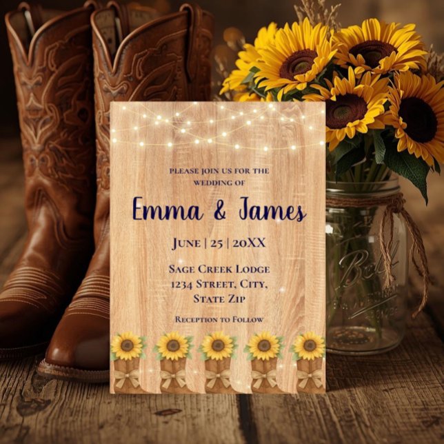 Rustic Sunflower Cowboy Boots Wood Wedding Invitation (Rustic sunflower cowboy boots wedding invite—perfect for country barn and western-themed weddings.)