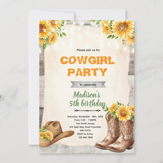 Rustic sunflower cowgirl invitation (Front)