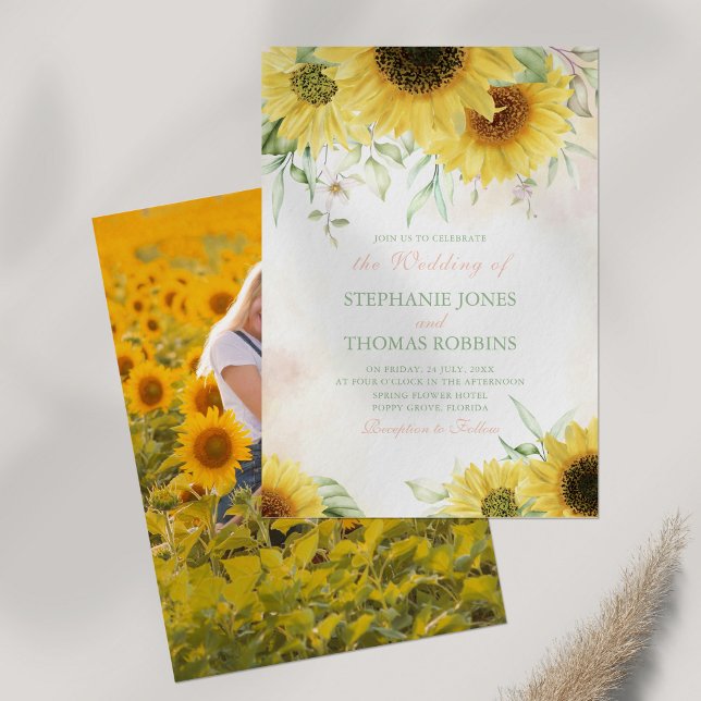 Rustic Sunflower Custom Photo Wedding Invitation (Rustic Sunflower Custom Photo Wedding Invitation on white table with pampas grass.)