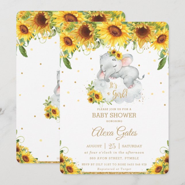 Rustic Sunflower Cute Elephant Baby Shower Girl Invitation (Front/Back)